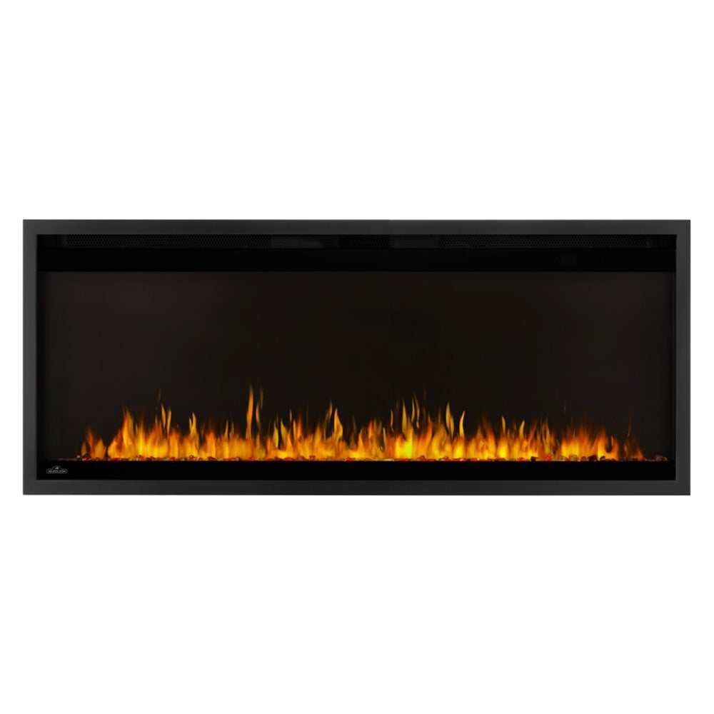 Black linear wall-mount electric fireplace with glowing flame bed inside