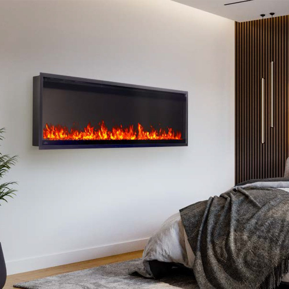 Black linear wall-mount electric fireplace with orange flame display mounted on wall