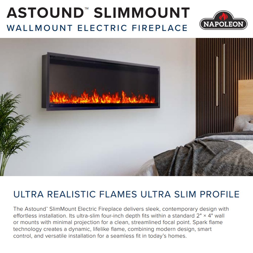 Slim black wall-mount electric fireplace with orange flame display in a recessed screen