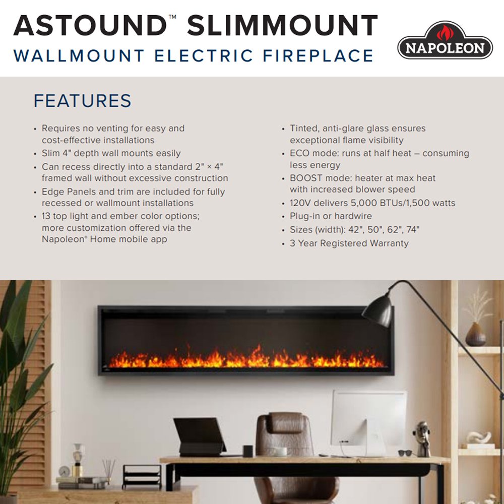 Wall-mounted electric fireplace with black slim frame and orange flame viewing window