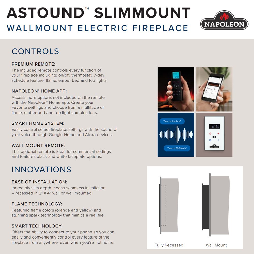 Electric fireplace controls infographic with remote and mobile app screenshots