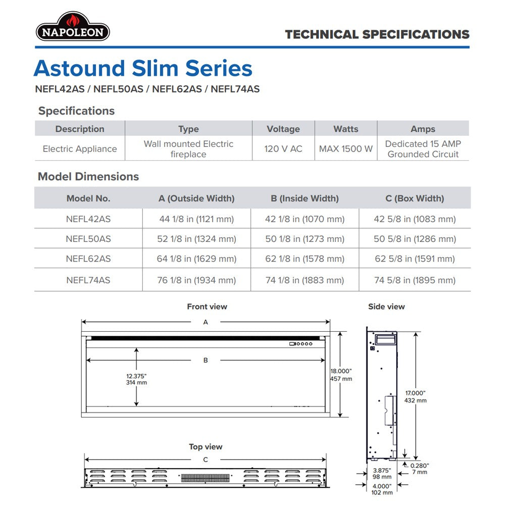 Napoleon Astound Slim series electric fireplace technical specifications size diagram