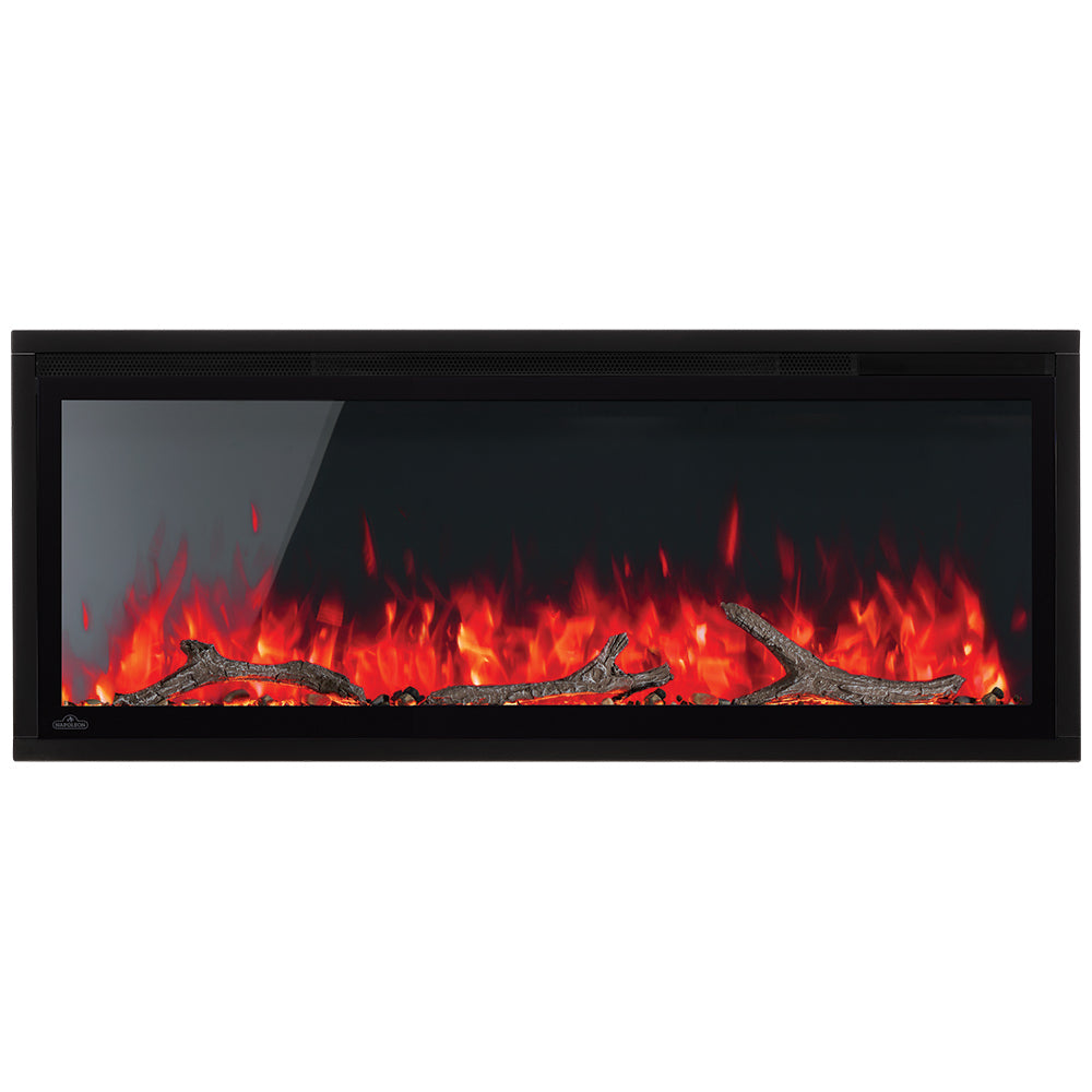 Electric fireplace with ember glow and dark log arrangement behind black glass