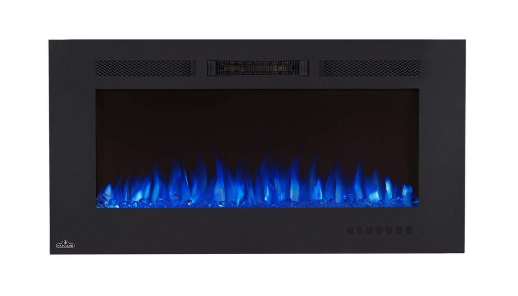 Wall mount electric fireplace with black frame and blue flame display