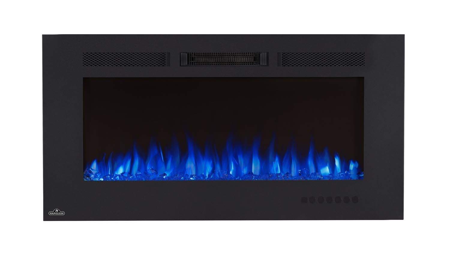 Wall mount electric fireplace with black frame and blue flame display