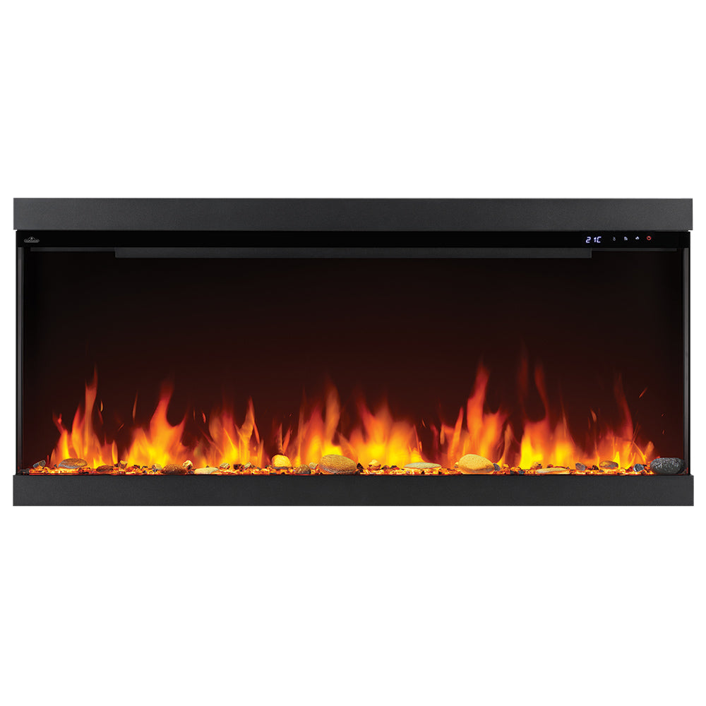 Electric fireplace insert with a black frame and realistic orange flame display