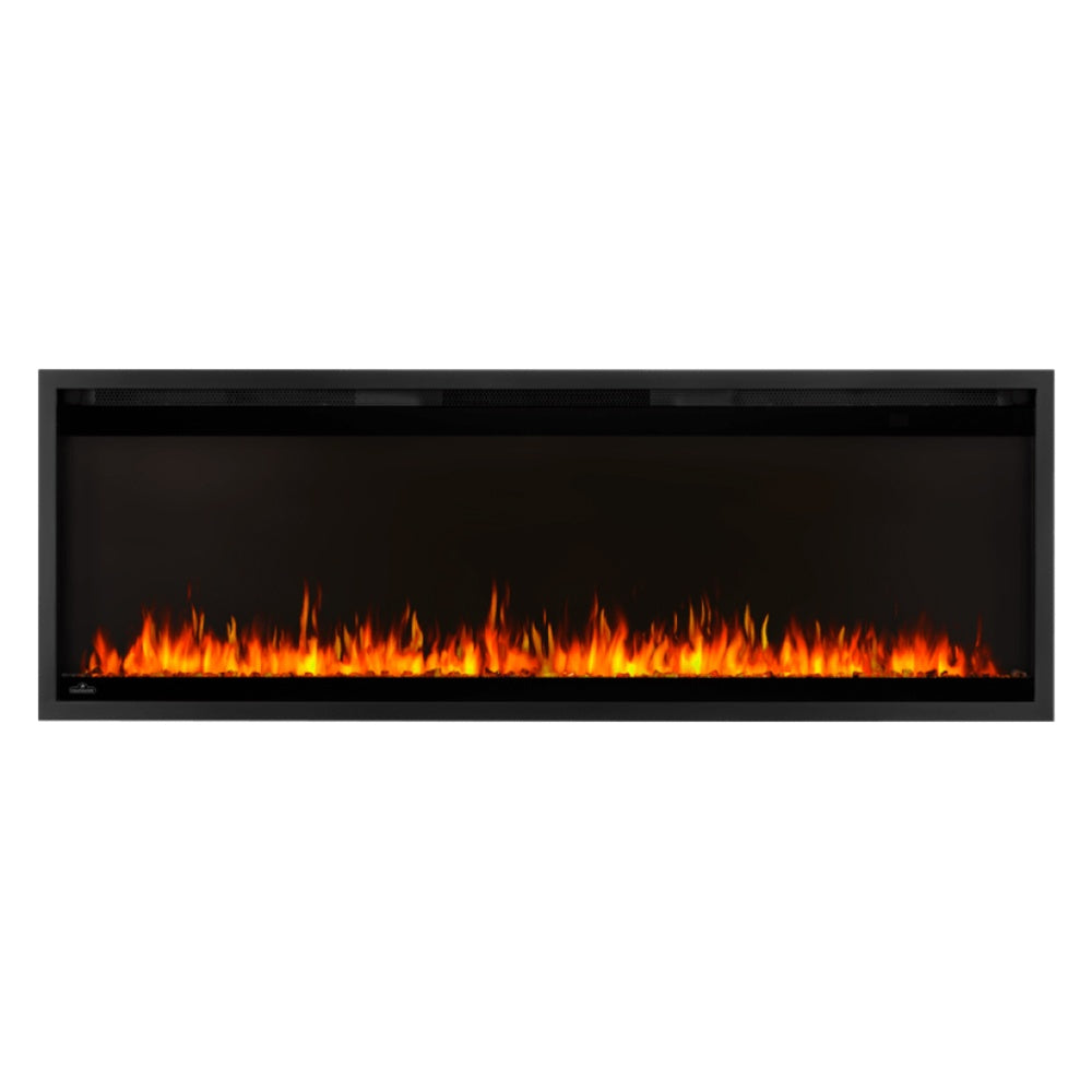 50-inch linear electric fireplace with black frame and realistic flame display