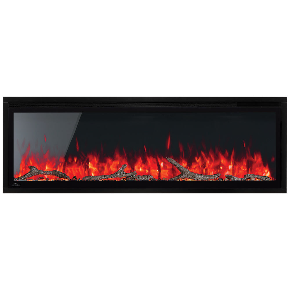 Electric fireplace with ember glow and dark logs behind black glass
