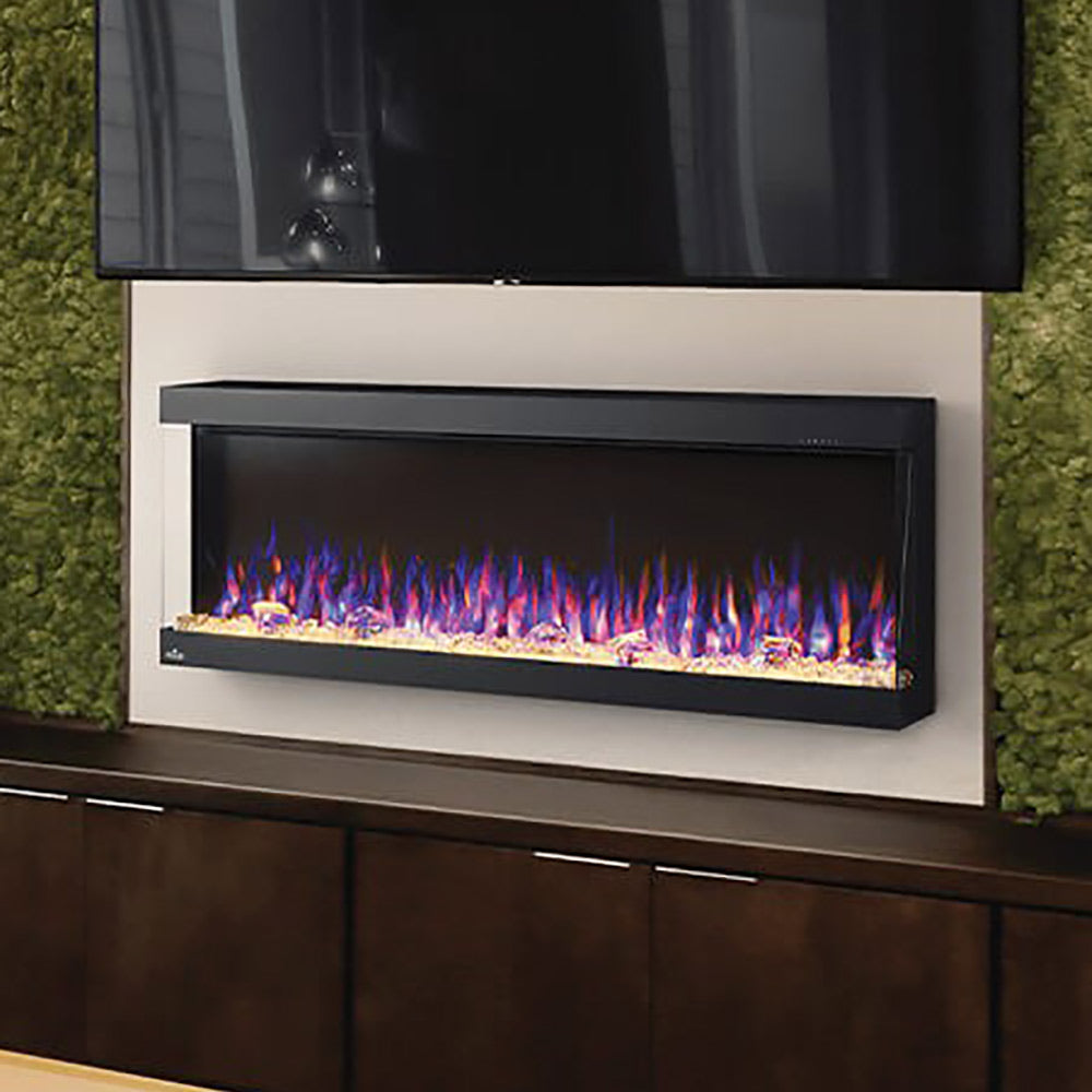 Napoleon electric fireplace with black firebox and vivid flame display in white wall surround