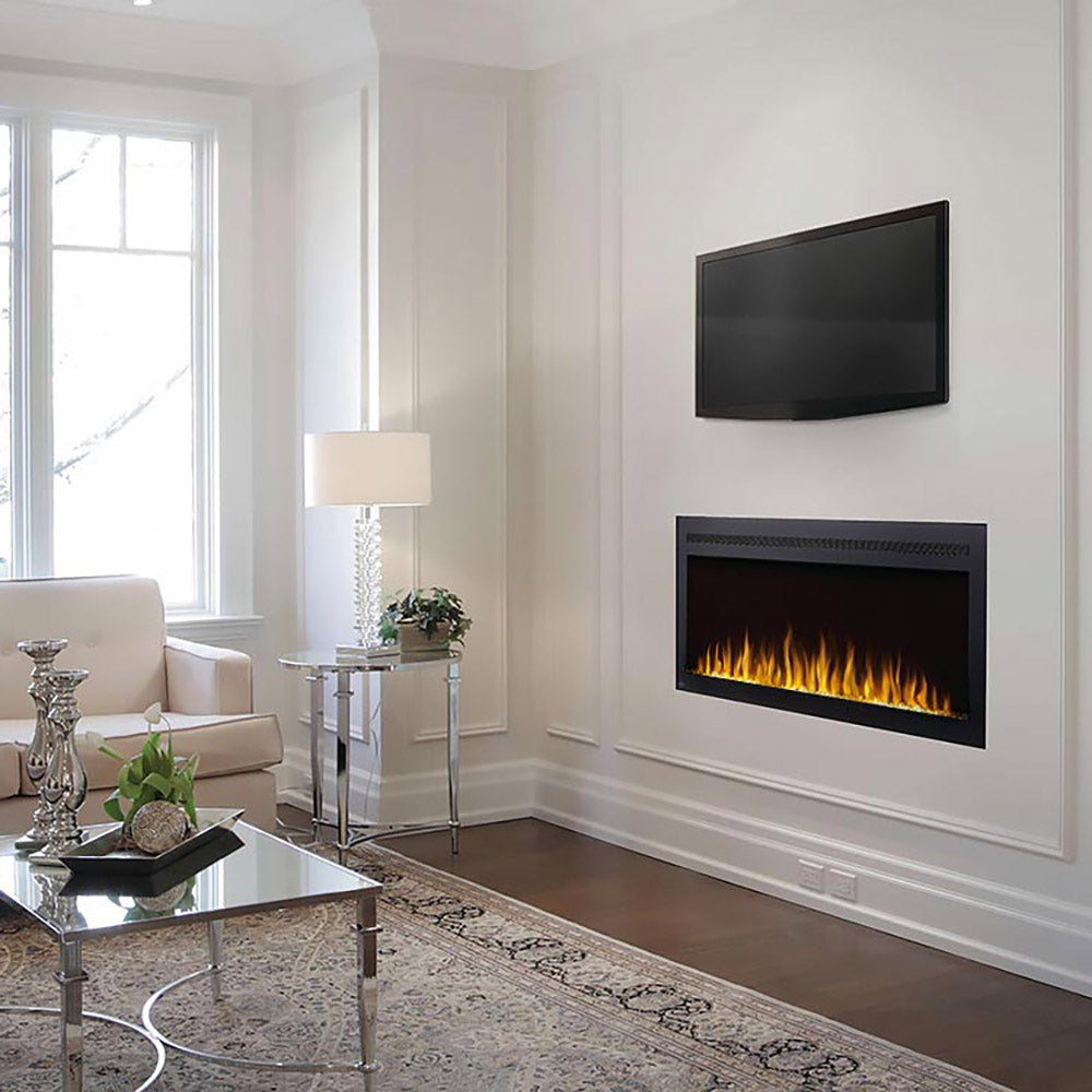 Wall mount electric fireplace insert with black frame and orange flame through glass