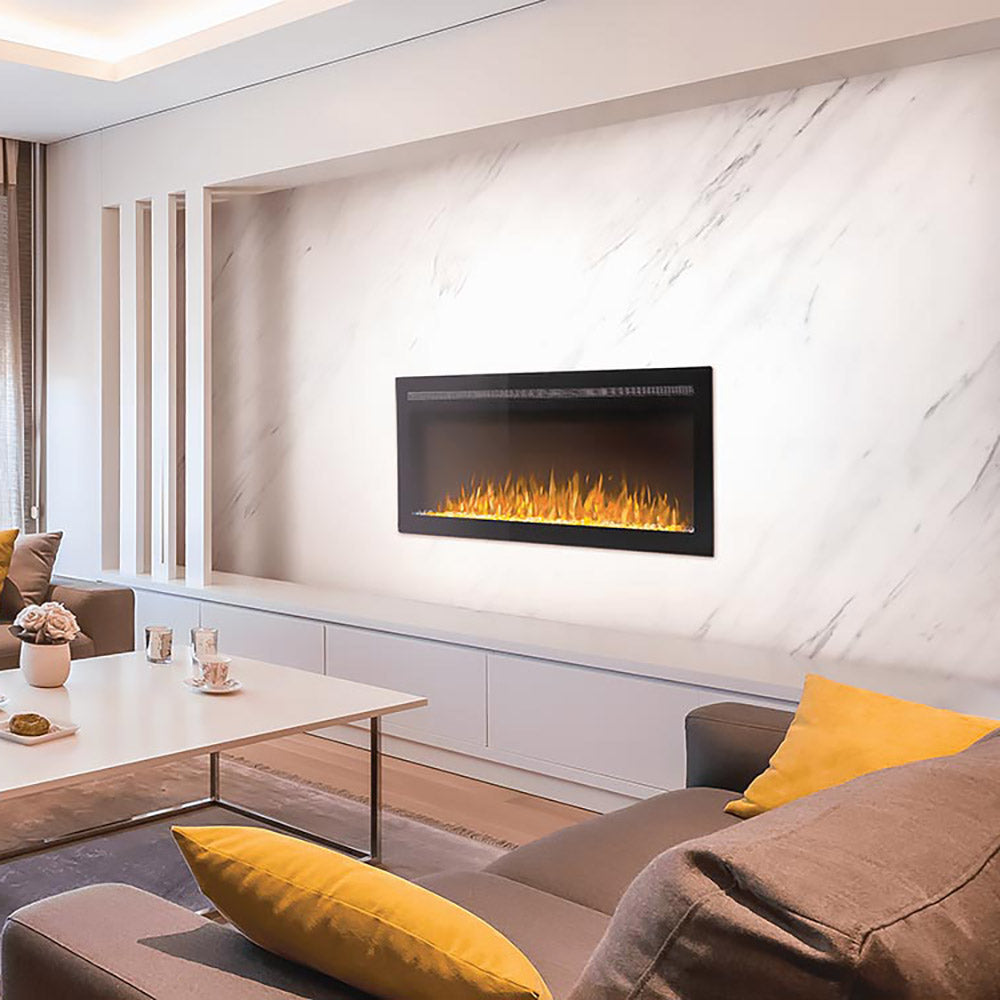 Wall mount electric fireplace with black trim and yellow-orange flame bed behind glass