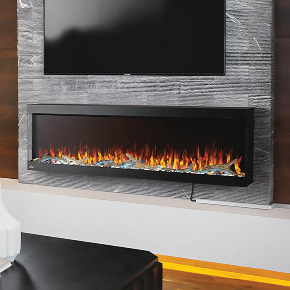 Napoleon electric fireplace in textured stone-look surround with black firebox and flame display