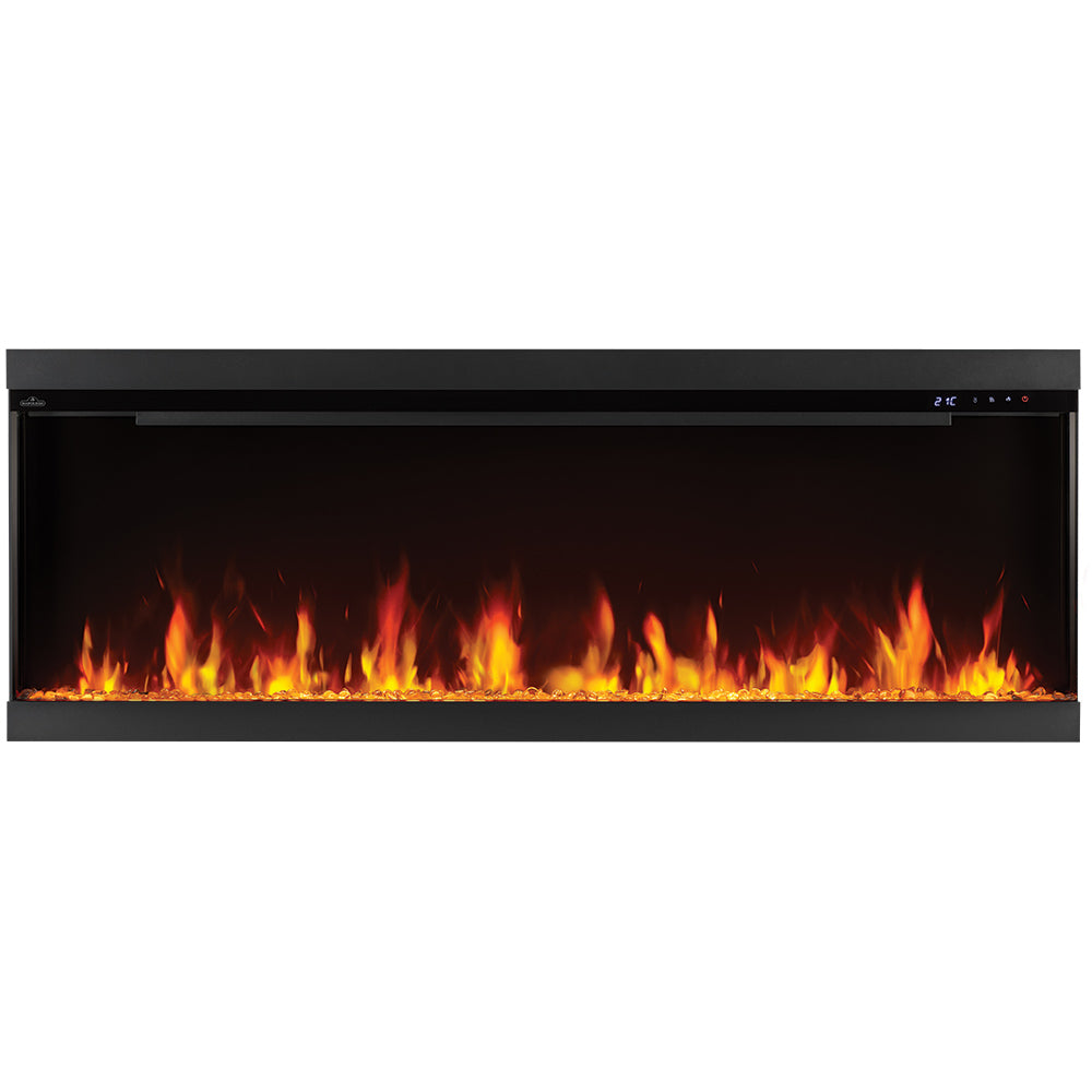 Black wall-mount electric fireplace insert with glowing flame and dark glass front