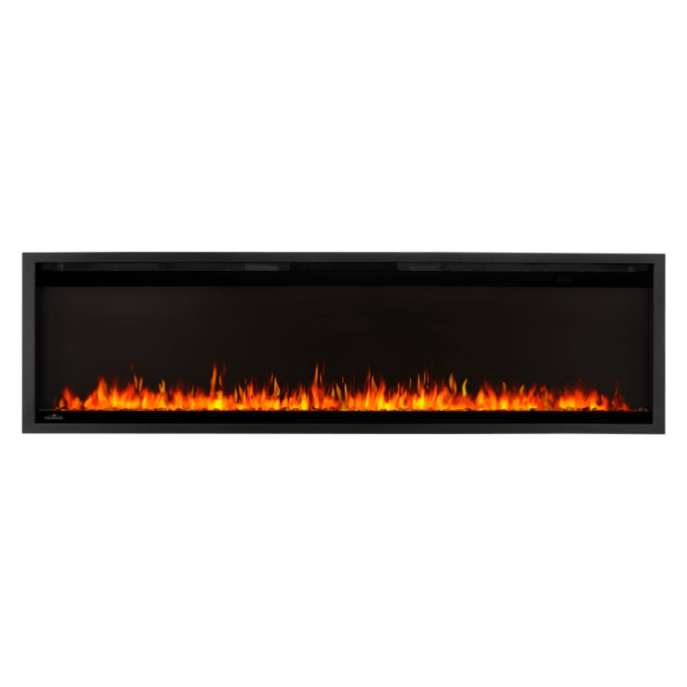 Black linear electric fireplace with glowing flame display and slim rectangular frame