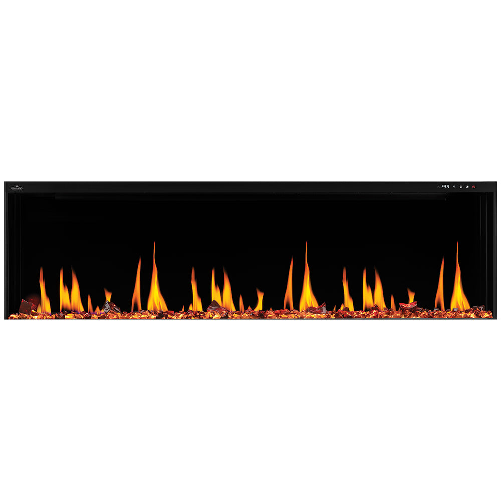 Linear electric fireplace with orange flame effect and ember bed inside a black frame