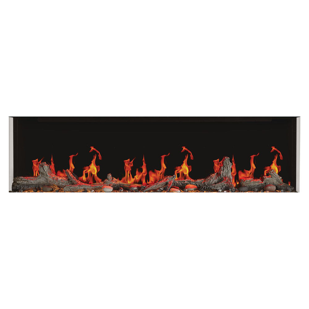 Linear electric fireplace with red-orange flame effect and ember bed inside a black frame