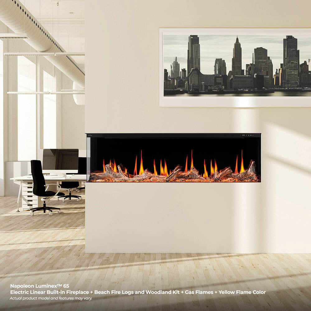 Linear built-in electric fireplace with orange flame effect set into a white wall