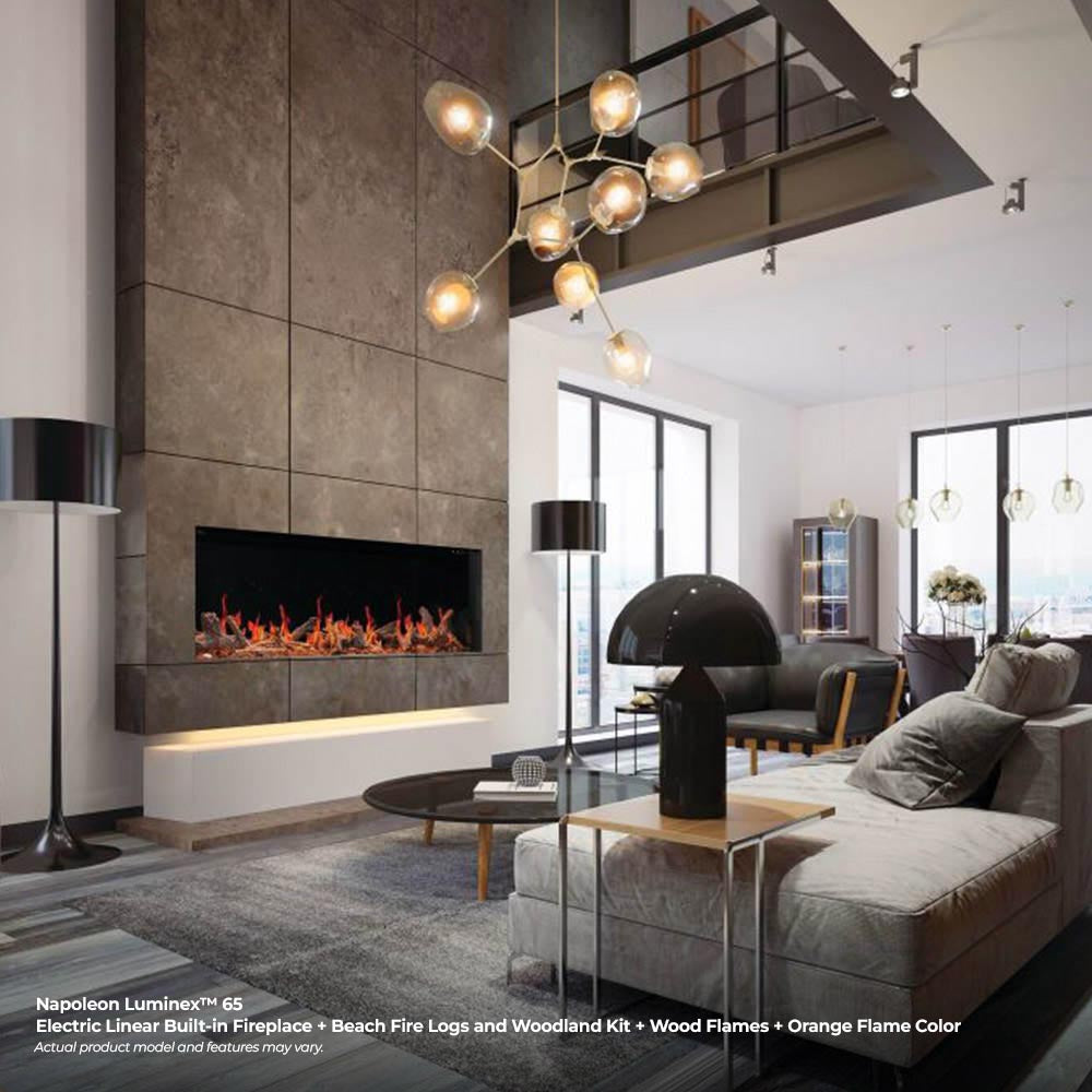 Built-in linear electric fireplace with orange flame effect in a stone surround