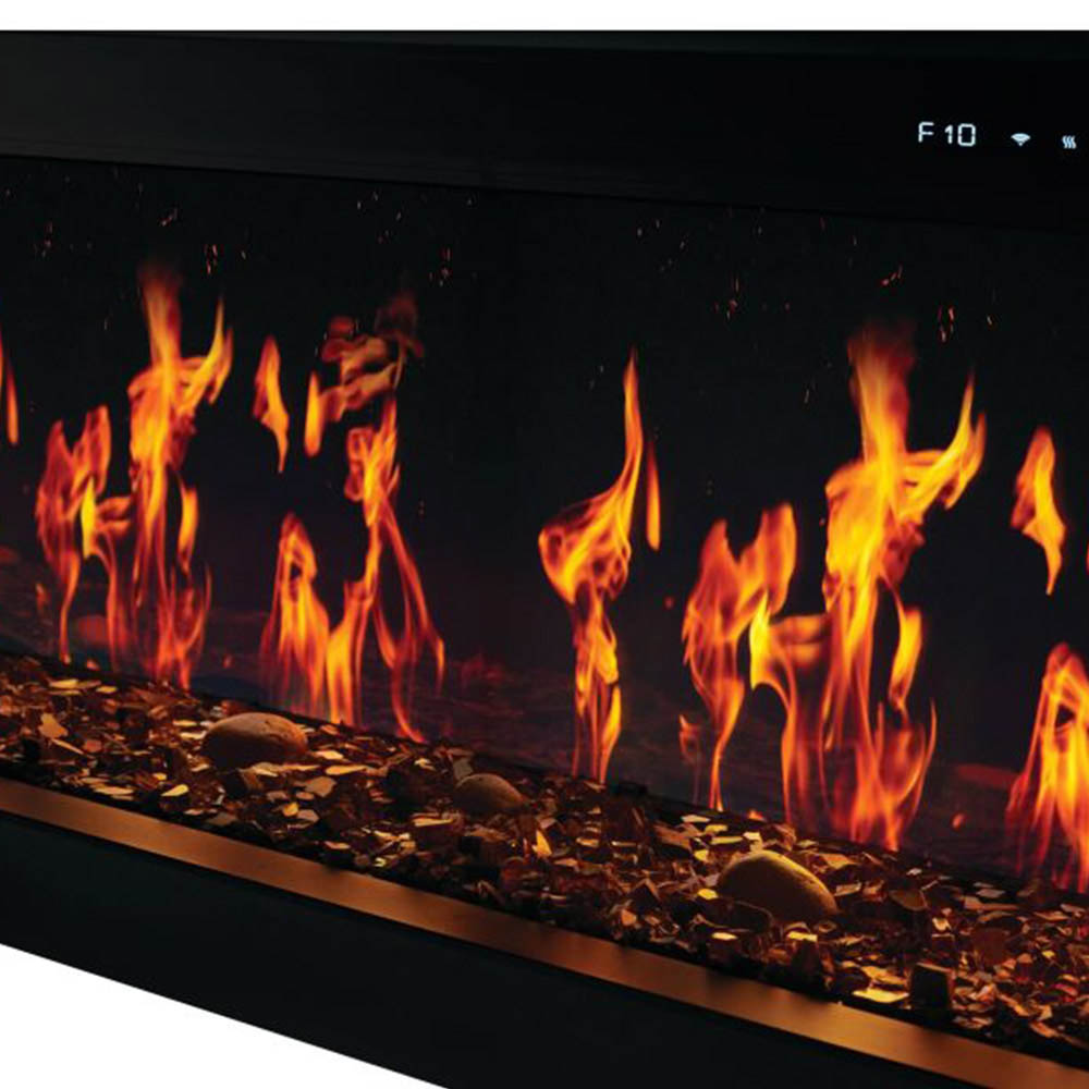 Close-up linear electric fireplace flames with bright orange glow over dark embers