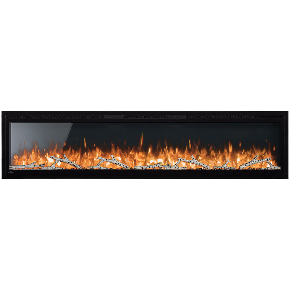 Electric fireplace with black frame and amber-orange flame effect over logs