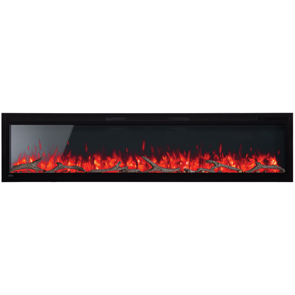 Electric fireplace with black frame and red flame effect over a log bed