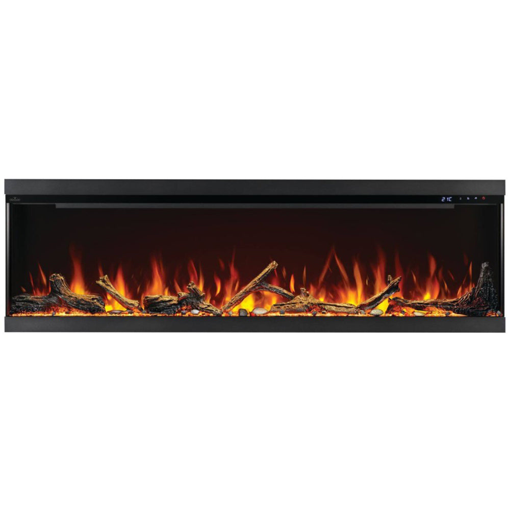Black electric fireplace insert with burning logs and embers behind clear glass