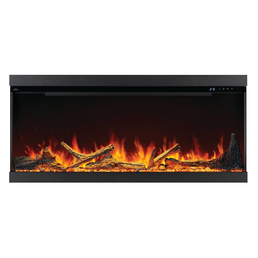 Electric fireplace with black trim and realistic flame log display