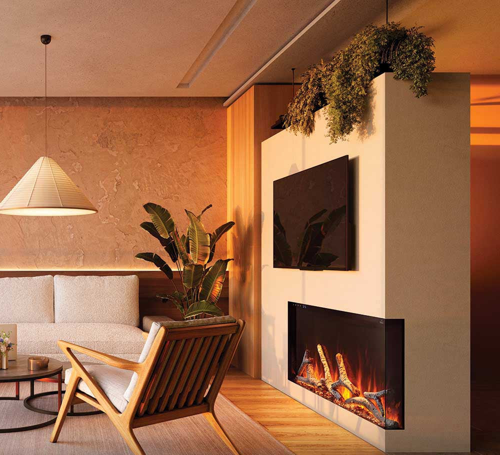 Wall-mounted electric fireplace with flame window in a light-colored surround