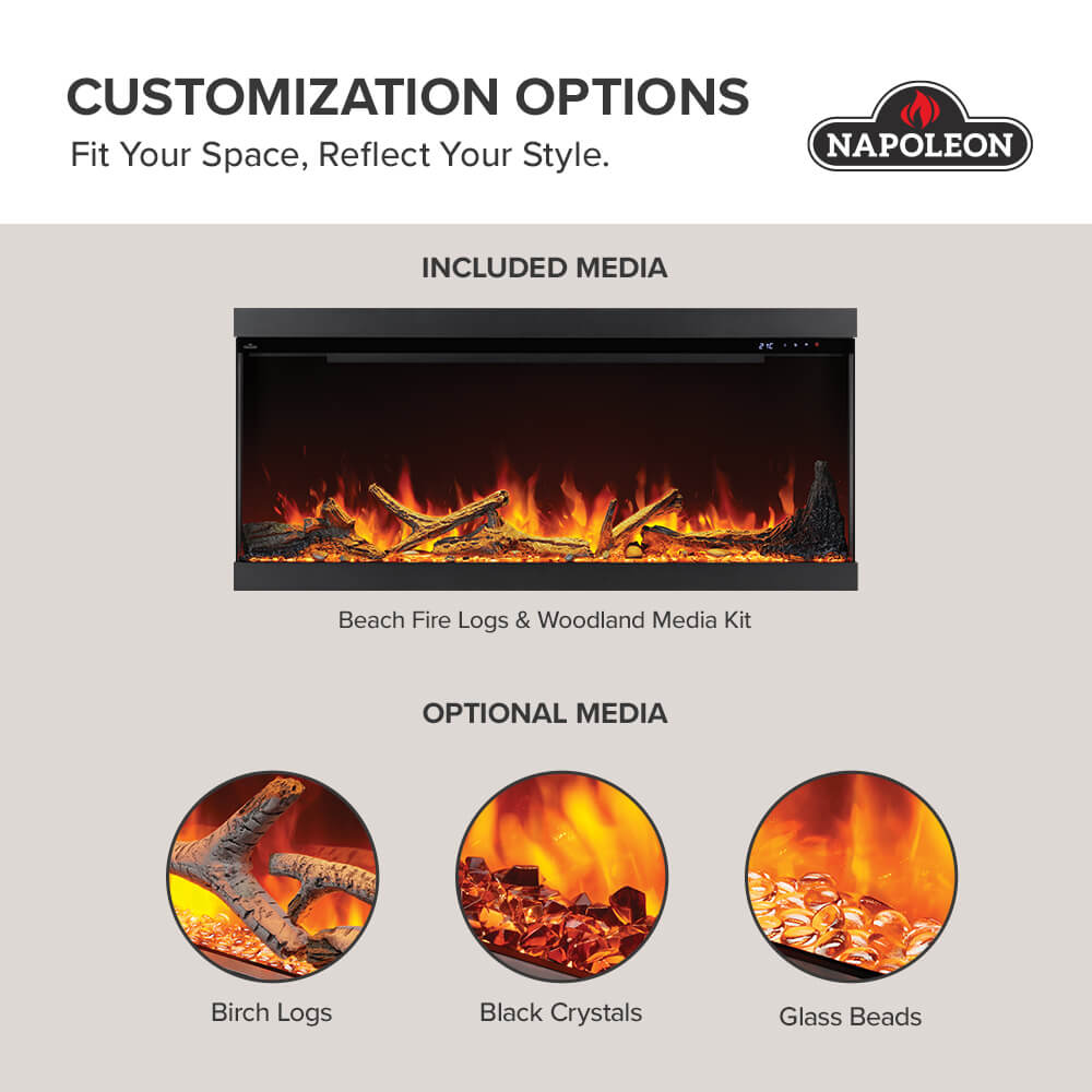 Electric fireplace front view with included media and selectable log, crystal, bead options