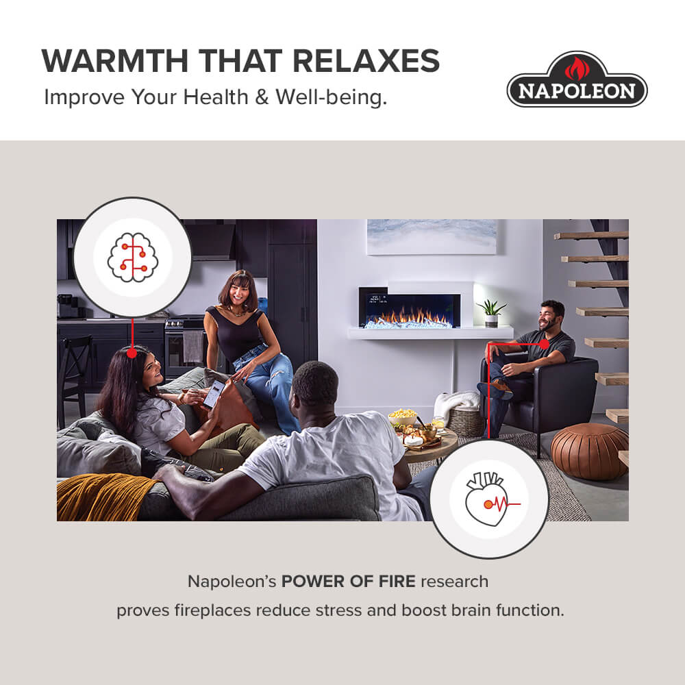 Wall-mounted electric fireplace with flame window shown in a living room scene