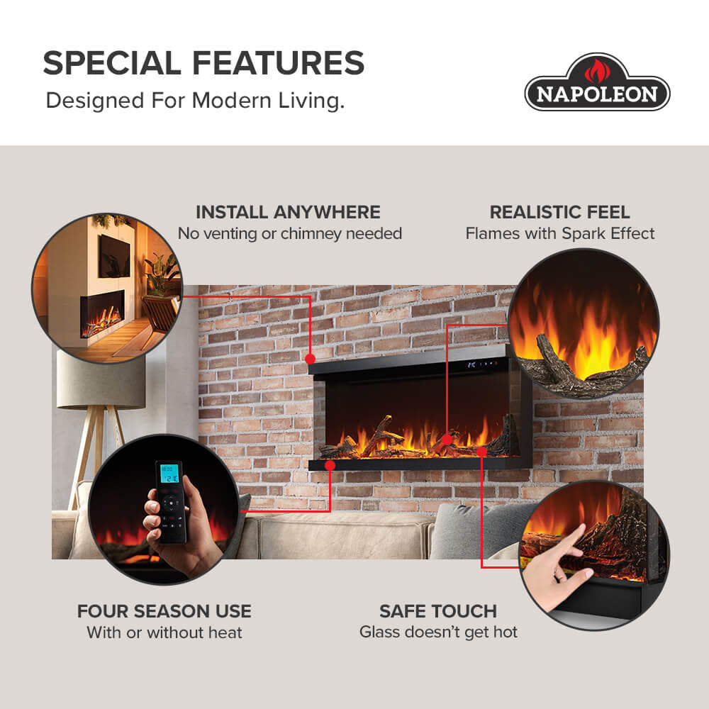 Electric fireplace feature diagram with install-anywhere setup and safe-touch glass