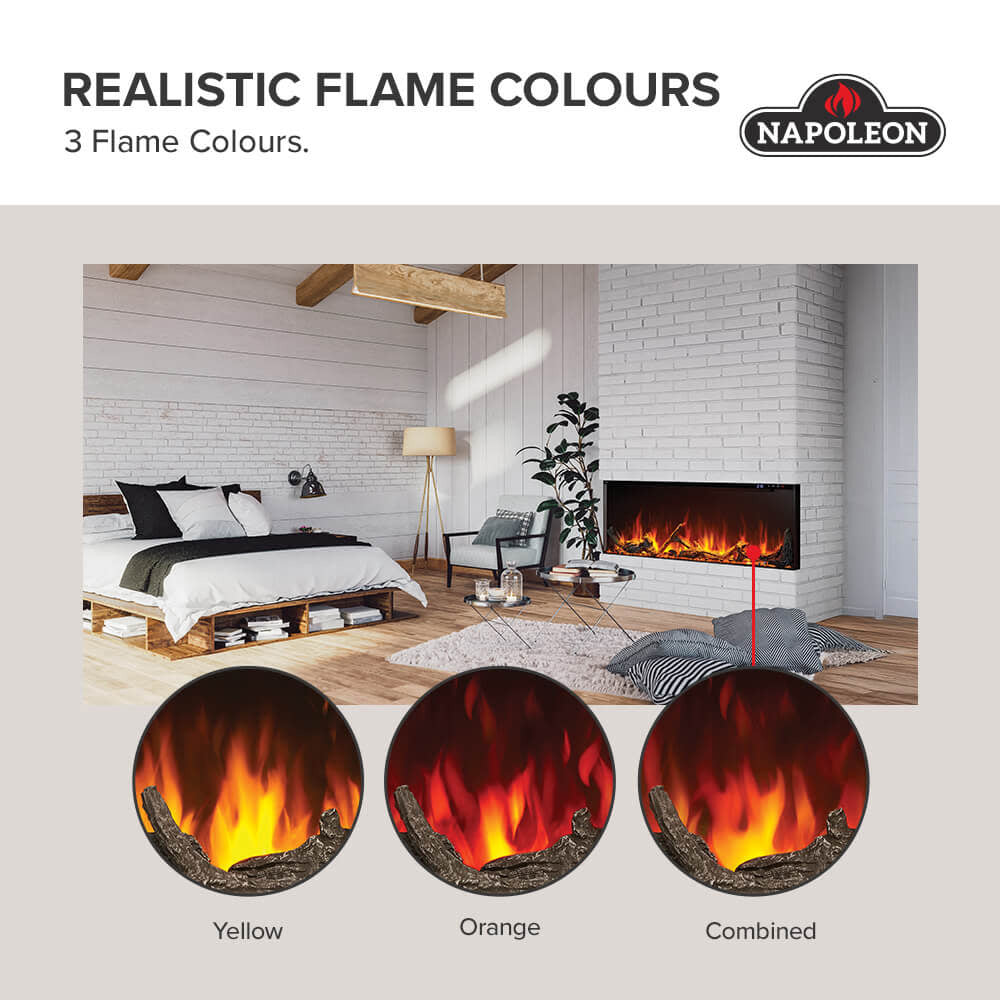 Electric fireplace flame effect color options: yellow, orange, and combined