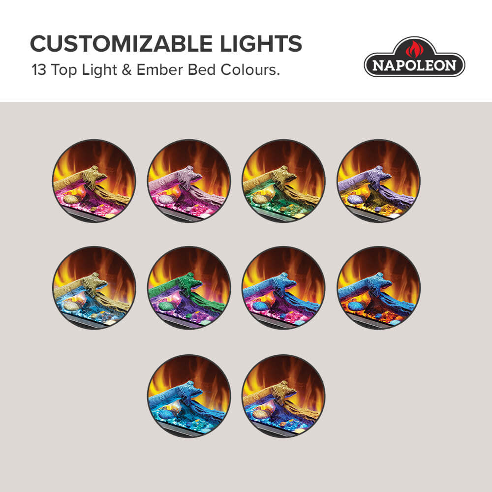 Electric fireplace customizable lighting options with ember bed color samples