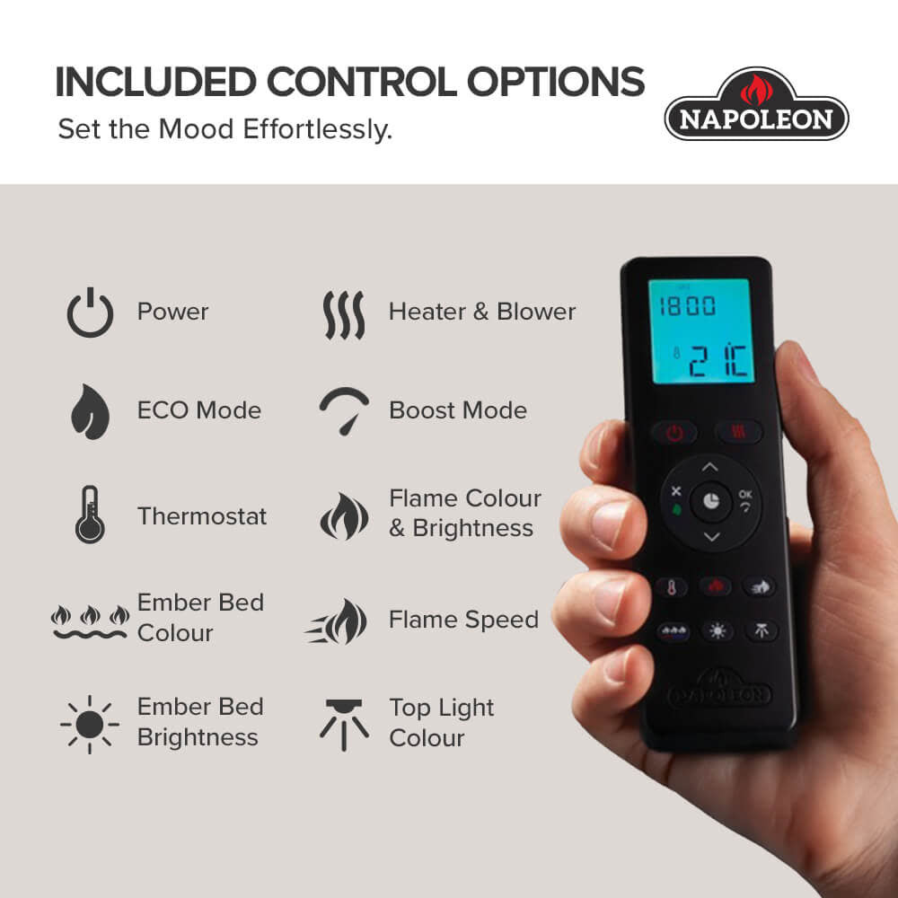 Electric fireplace remote control with display and flame, heat, and thermostat buttons