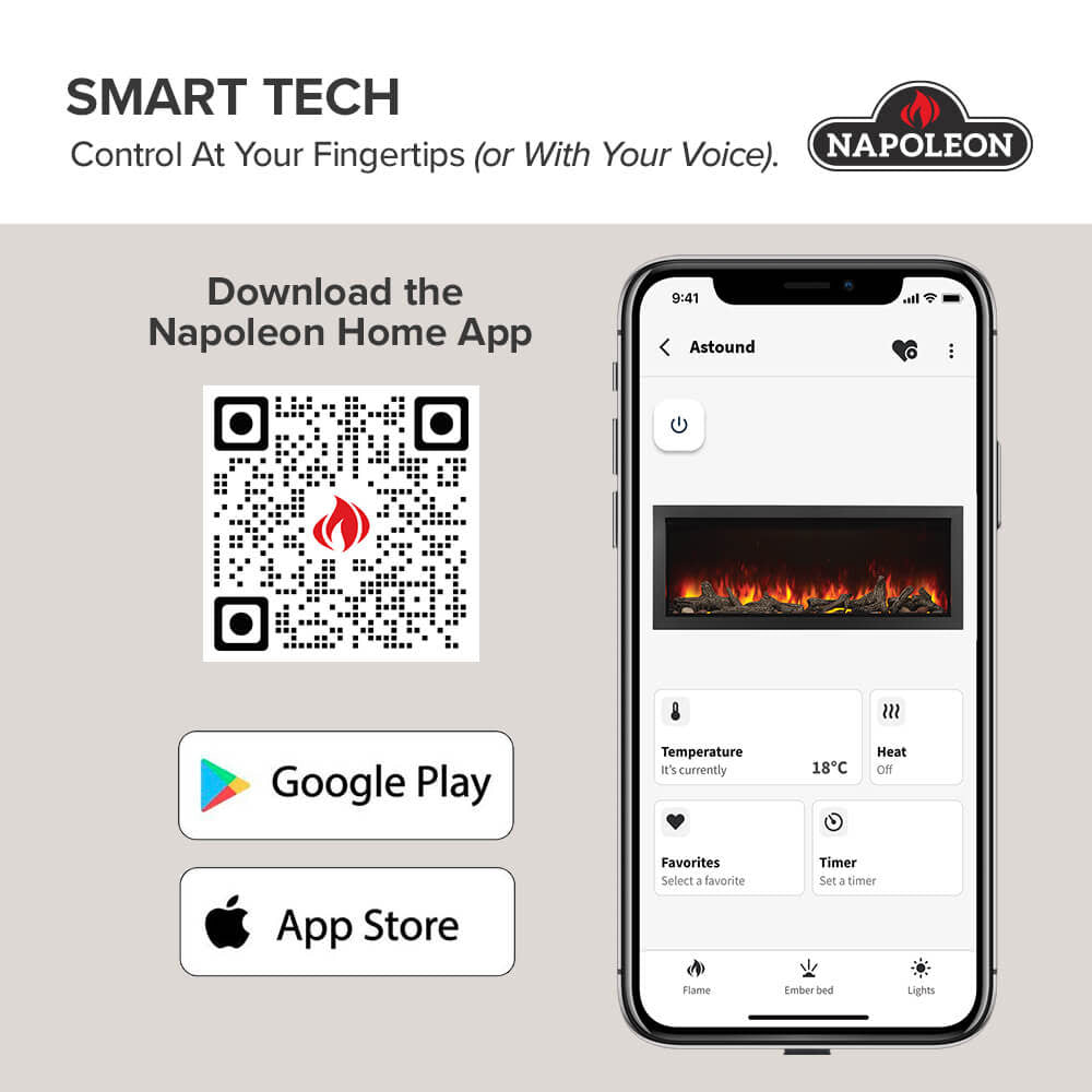 Smart electric fireplace control shown on a phone app with QR code
