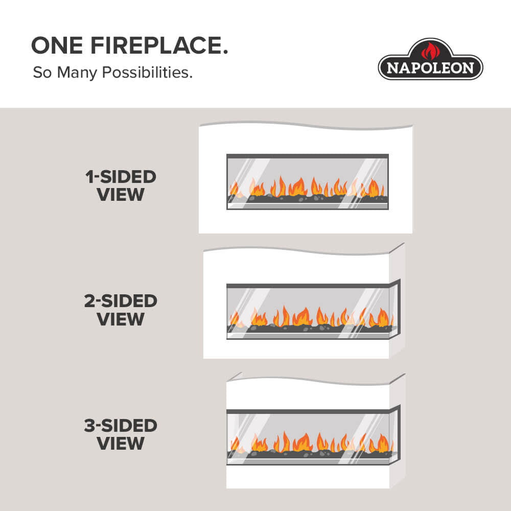 Electric fireplace viewing options diagram: 1-, 2-, and 3-sided flame view