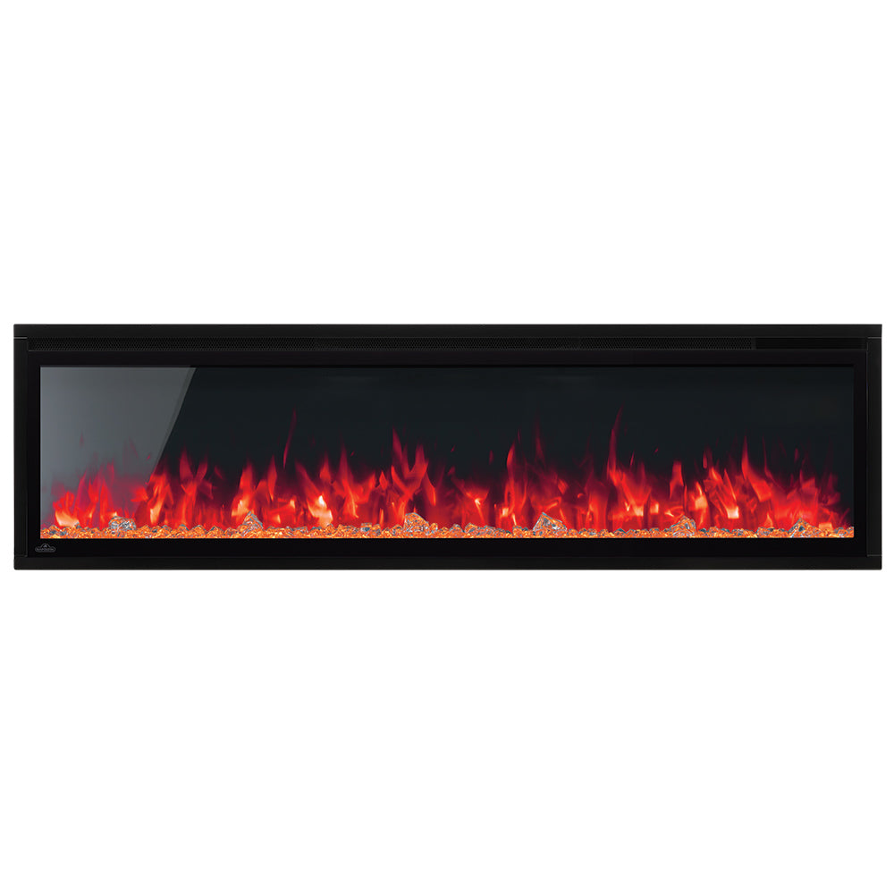 Wall-mounted electric fireplace with vivid red-orange flame bed in a black frame.
