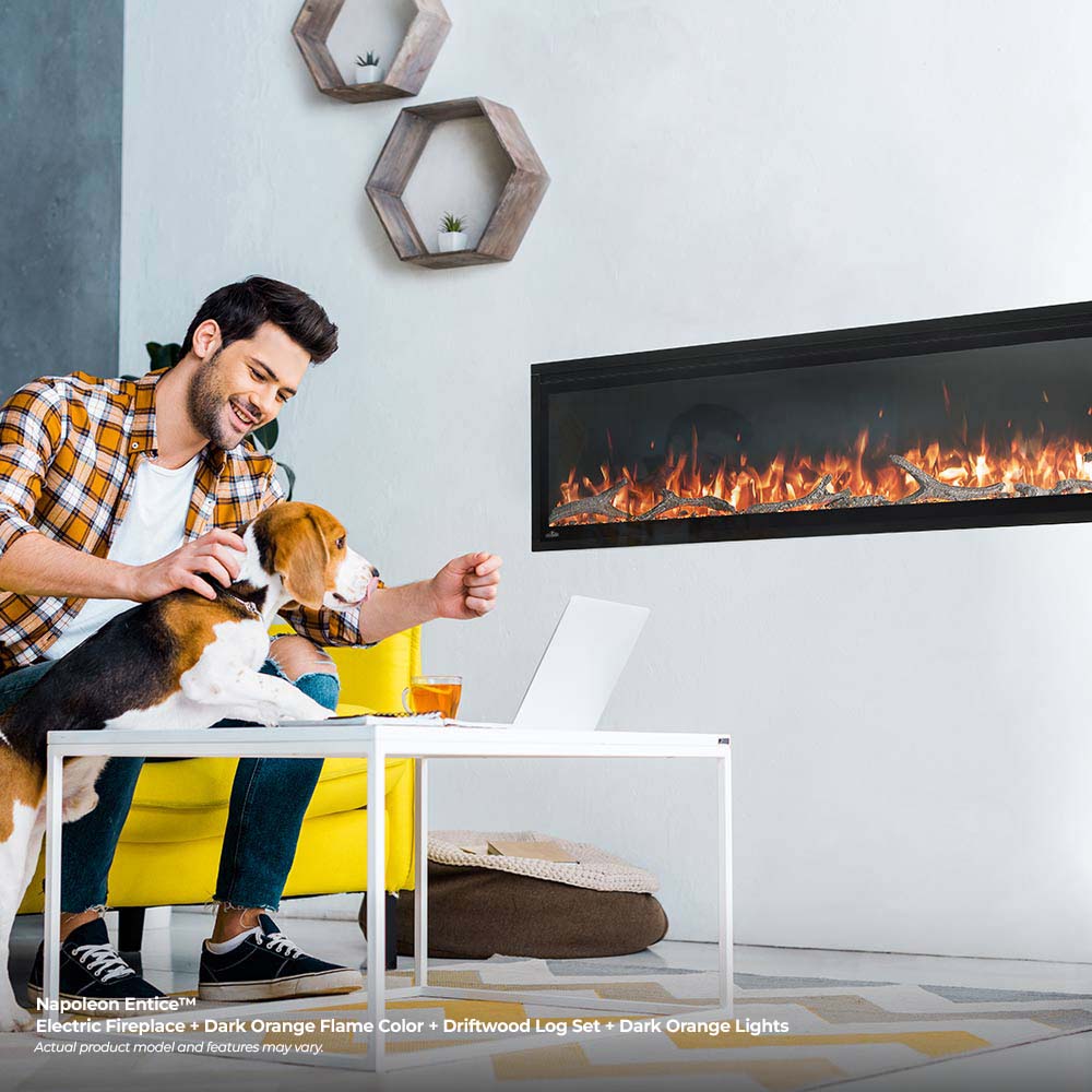 Wall-mounted electric fireplace showing red-orange flames with black trim.