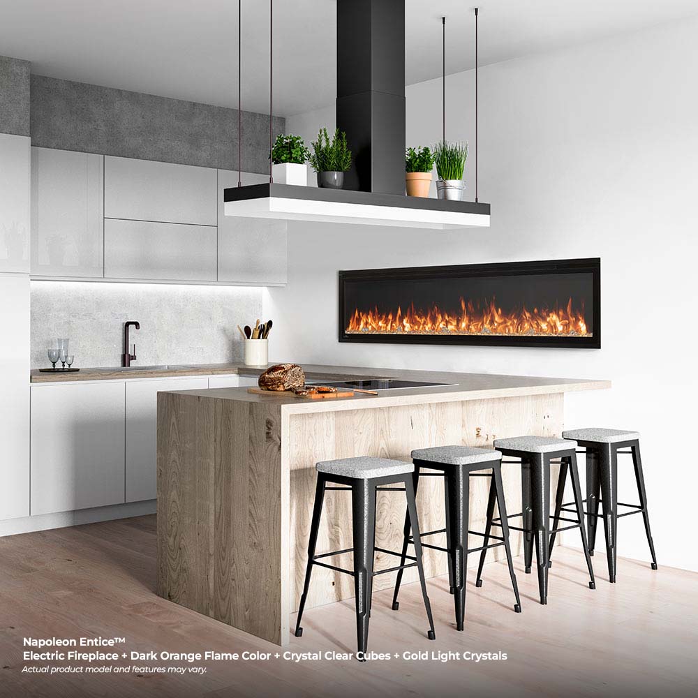 Electric fireplace in a modern room with a glowing red-orange flame display.
