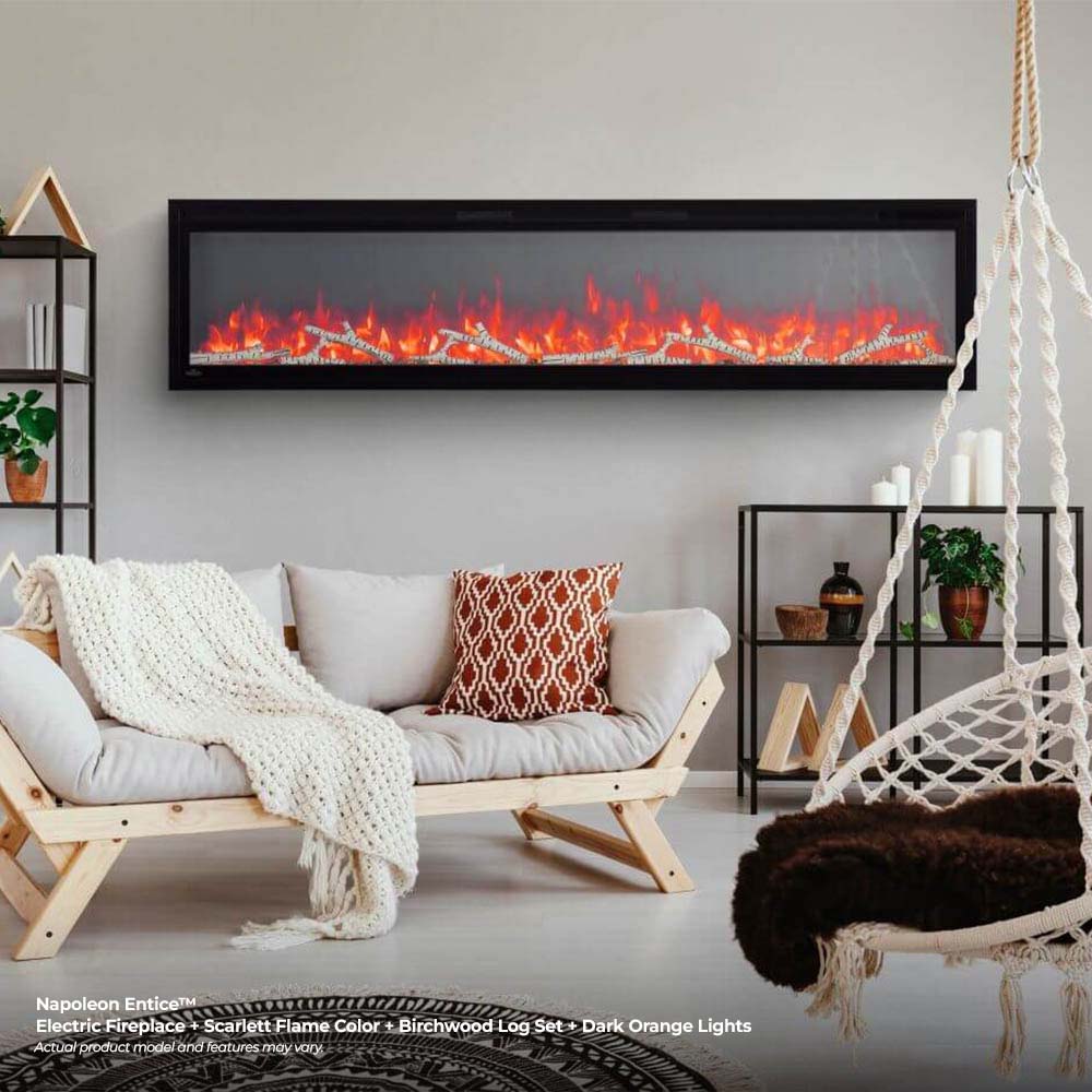 Wall-mounted electric fireplace with vivid red-orange flame display in a black frame.