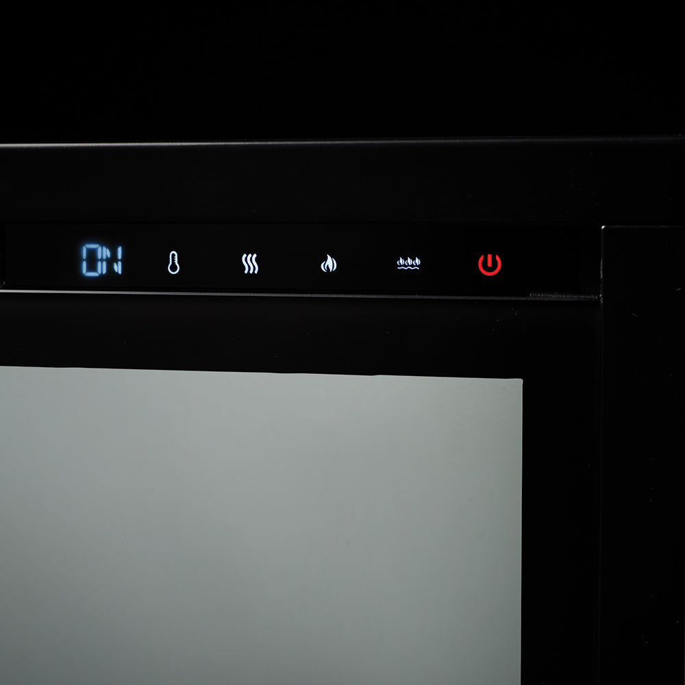 Electric fireplace control panel with blue display and illuminated indicator icons.