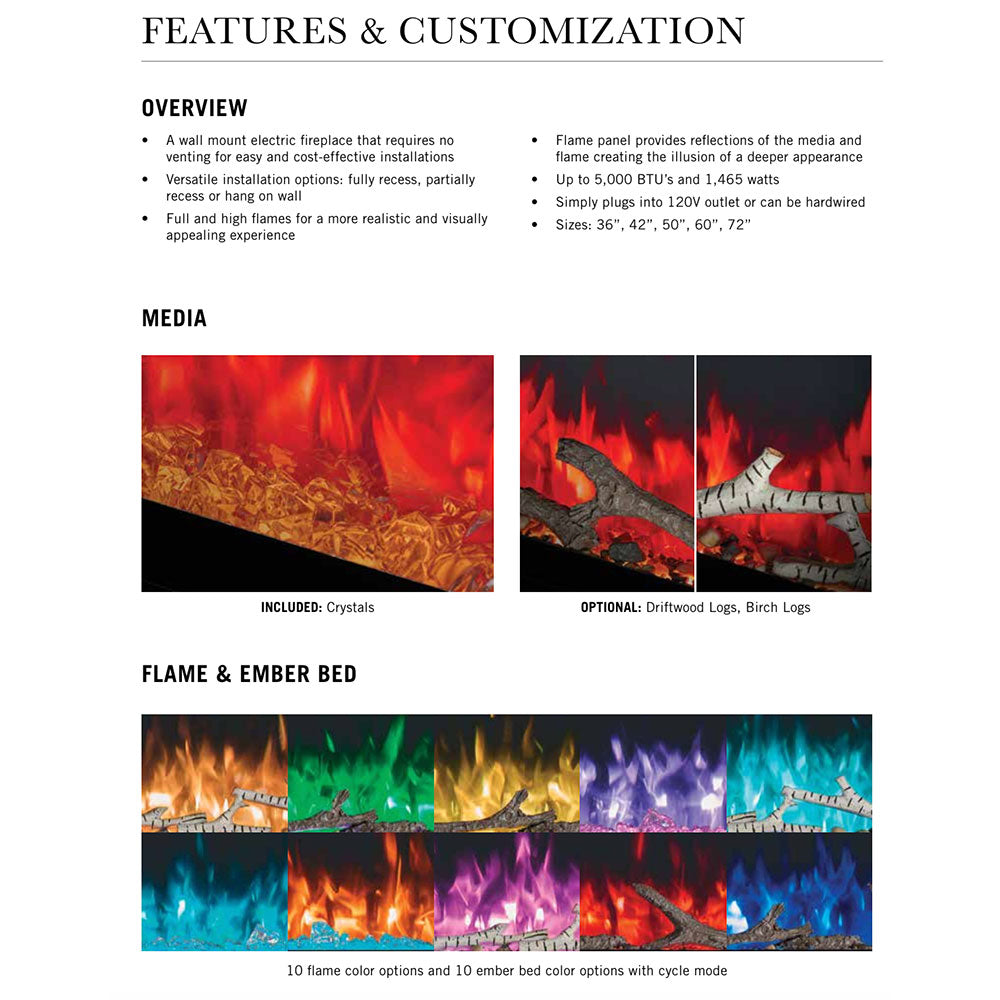 Features & customization brochure page for an electric fireplace with flame and media options.