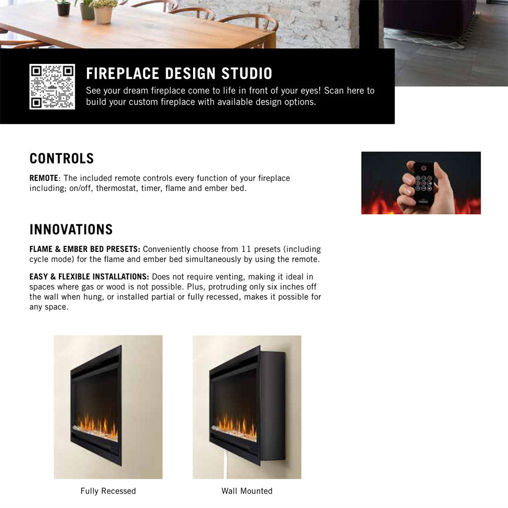 Brochure page showing electric fireplace design studio and control highlights.