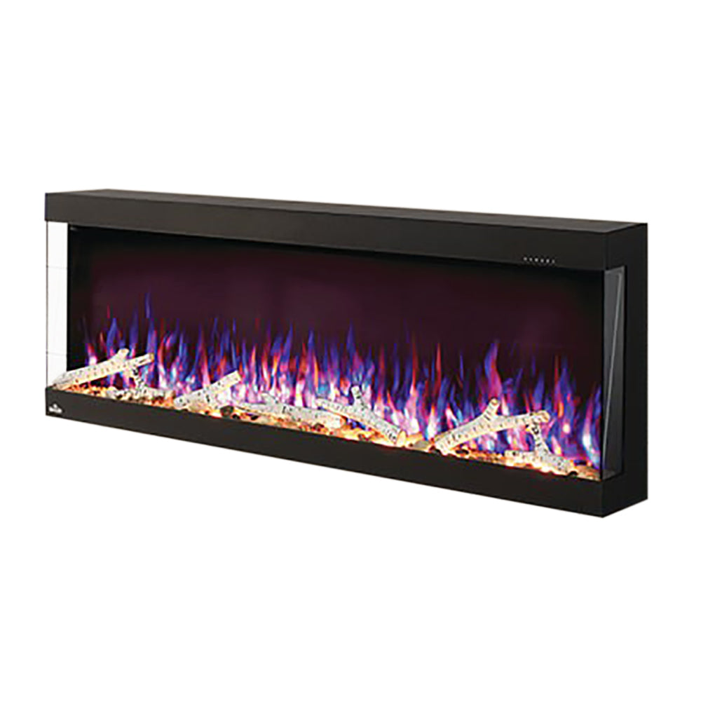 Black 3-sided electric fireplace with colorful flame and glowing logs, wide view