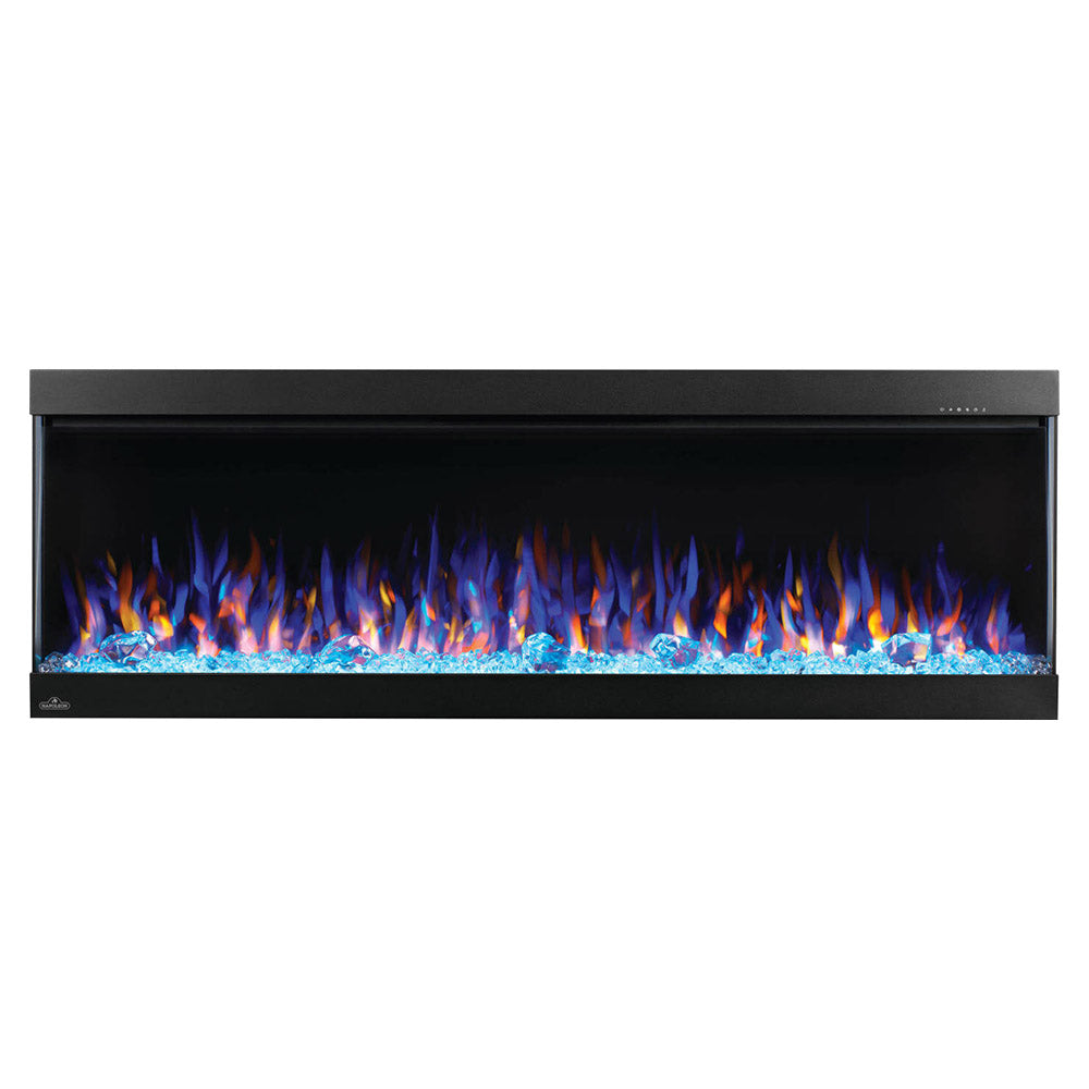 Black electric fireplace insert with multi-color flame, front view