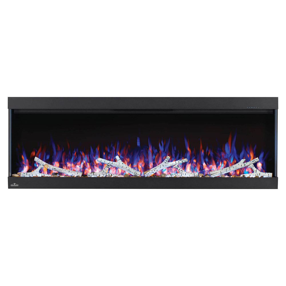 Black 3-sided electric fireplace with multi-color flames and ember bed, front view