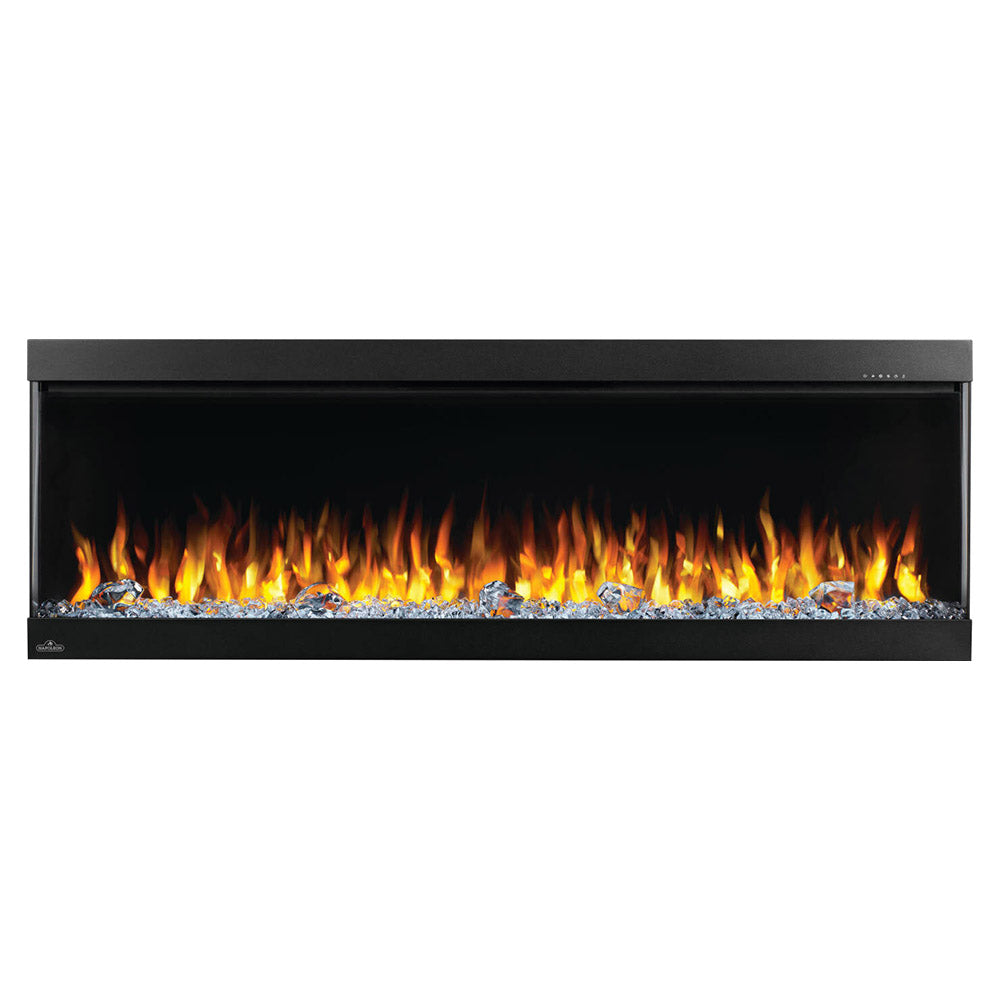 Black electric fireplace with bright yellow-orange flames across the ember bed, front view