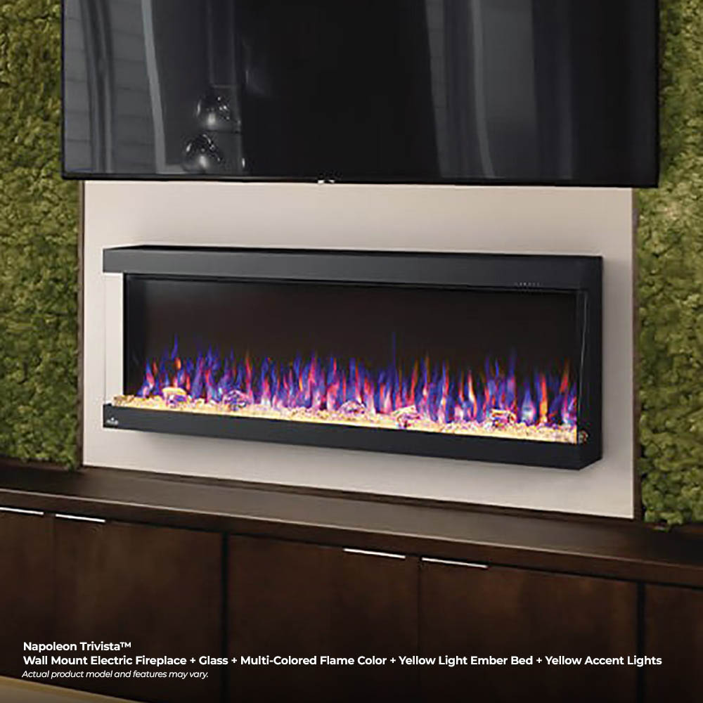 Wall-mounted black electric fireplace with multi-color flames inside the viewing window