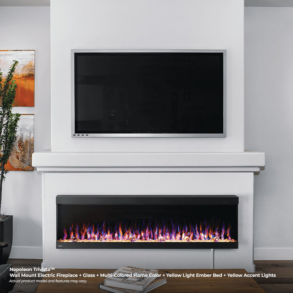 Black wall electric fireplace with inset flame window and surrounding white mantel