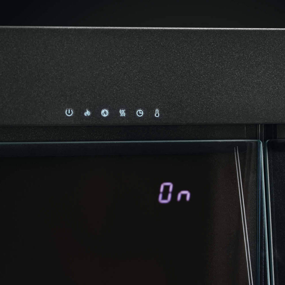 Electric fireplace display area with glowing icons and purple digital readout